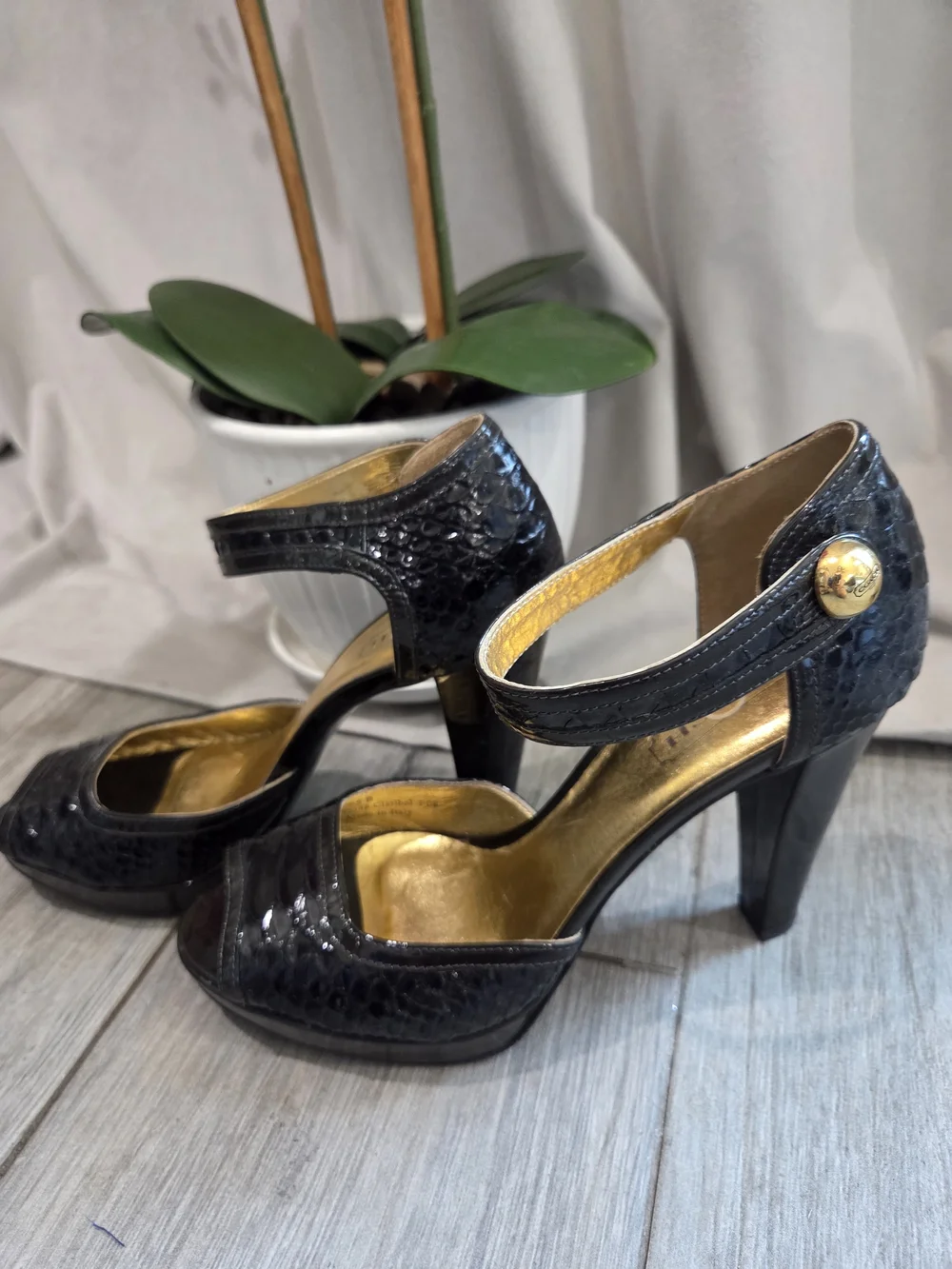 Coach Black Patent Peep-Toe Ankle Strap Heels